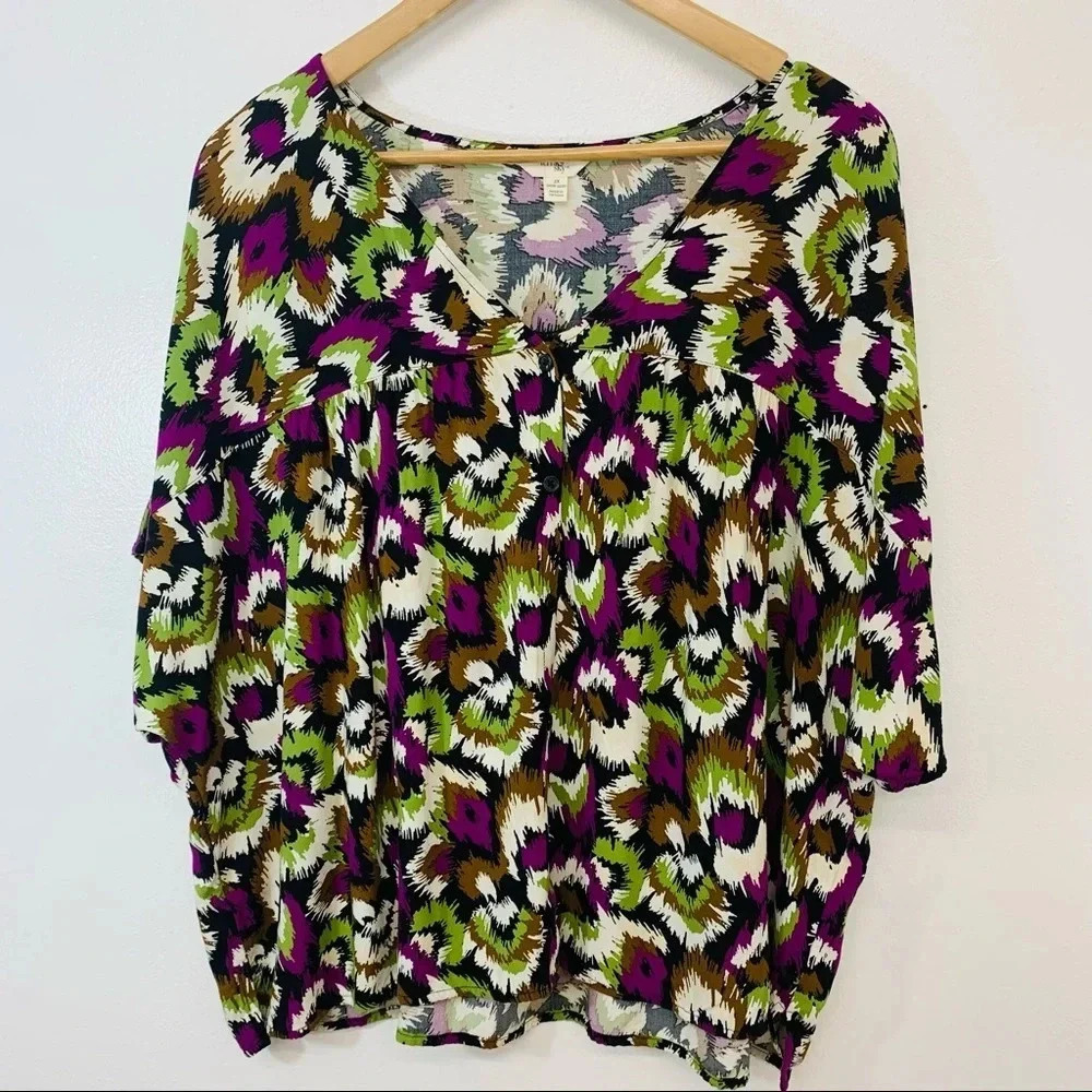 Terra Sky Womans  Top 2X  Blouse Colorful Geometric‎ Print Purple Button Front